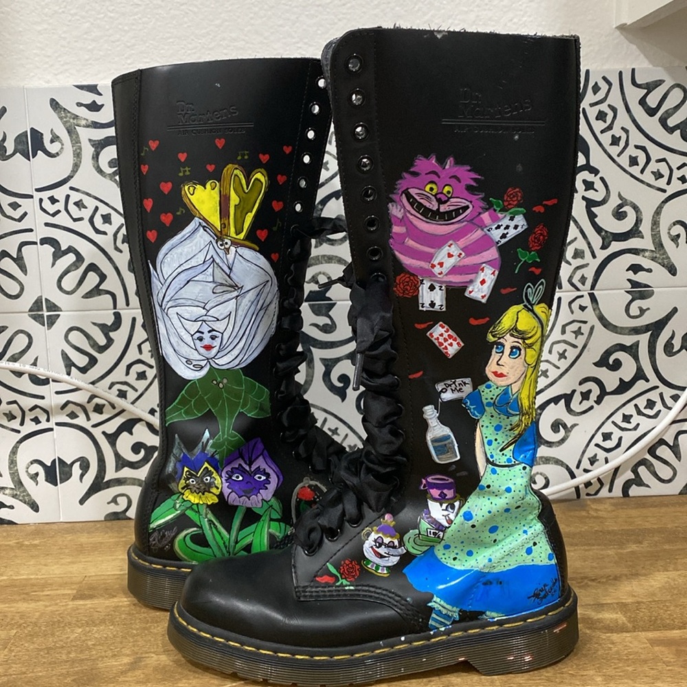 One of a Kind Hand Painted Alice and Wonderland Dr. Martens 20 Eye Tall Boots